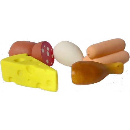 Набор продуктов (колбаса, нога куриная, сосиски, сыр, яйцо) (5 предметов), Игрушка из ПВХ пластизоля