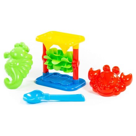 Набор №344: песочная мельница №2 с основанием, совок №2, формочки (краб №2 + морской конёк)