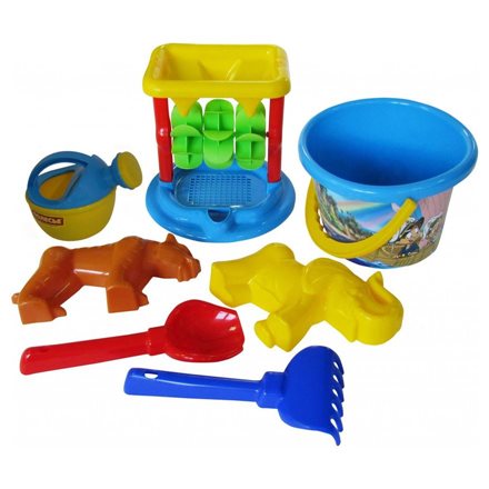 Набор №350: песочная мельница №2 с основанием ситечко среднее №2, ведро среднее с наклейкой, совок №2, грабельки №2, формочки (т