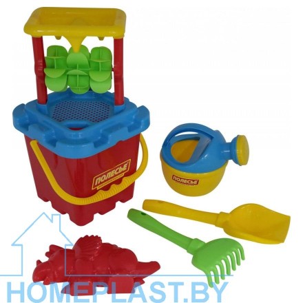 Набор №285: песочная мельница №2 с основанием ситечко-крепость большое №2, ведро-крепость большое, лопатка №5, грабельки №5, фор