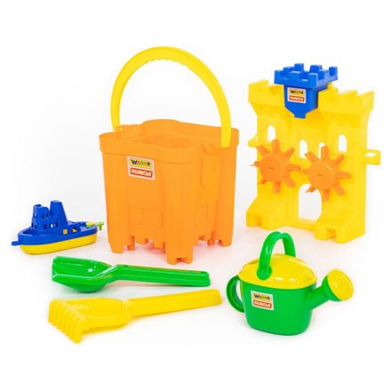 Набор №472: песочная мельница "Крепость", ведро-крепость "Макси", лопатка №30, грабельки №30, кораблик, лейка №8