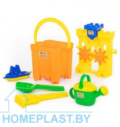 Набор №472: песочная мельница "Крепость", ведро-крепость "Макси", лопатка №30, грабельки №30, кораблик, лейка №8