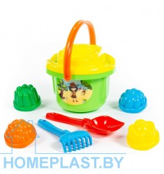 Набор №194: ведро большое, ситечко большое, лопатка №5, грабельки №5, 4 формочки