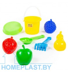 Набор №581: ведро малое с носиком №2, ситечко, совок №7, грабельки №7, формочки "Фрукты" 4 шт