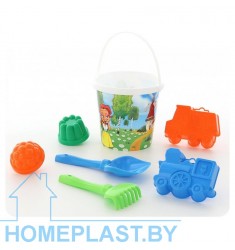 Набор №122: ведро с наклейкой, лопатка №5, грабельки №5, формочки (самосвал + паровоз), 2 формочки