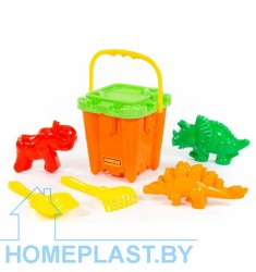 Набор №554: ведро-замок большое №2, ситечко-крепость большое, лопатка №5, грабельки №5, формочки (мамонт + динозавр №1 + динозав