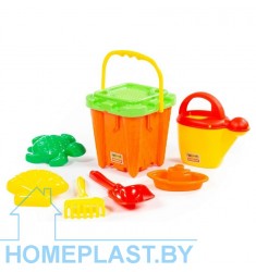 Набор №556: ведро-замок большое №2, ситечко-крепость большое, лопатка №5, грабельки №5, формочки (ракушка №2 + черепаха), корабл
