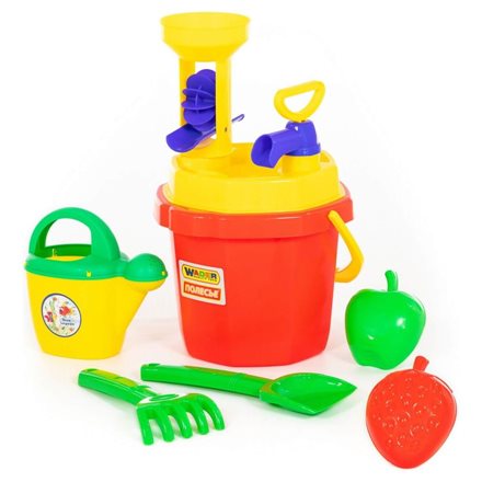 Набор №548: ведро №10, сито №10, водный насос, мельница №5, лопатка №31, грабельки №31, формочки "Фрукты" 2 шт, лейка №10