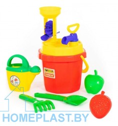 Набор №548: ведро №10, сито №10, водный насос, мельница №5, лопатка №31, грабельки №31, формочки "Фрукты" 2 шт, лейка №10