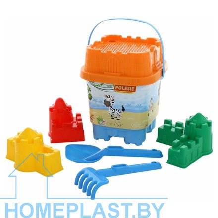 Набор №591: ведро-замок большое с наклейкой, ситечко-замок большое, лопатка №32, грабельки №32, формочки (замок стена с одной ба