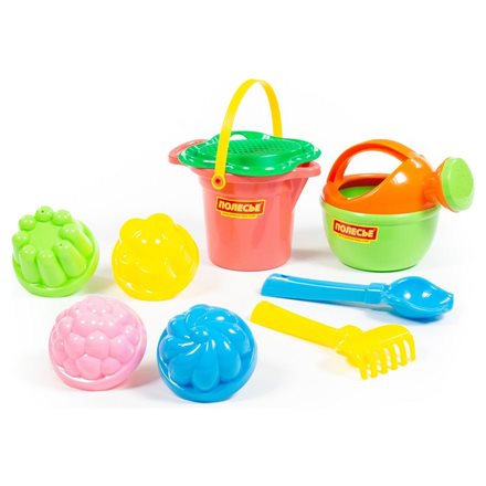 Набор №278: ведро малое с носиком, ситечко-цветок, совок №2, грабельки №2, 4 формочки, лейка малая №4